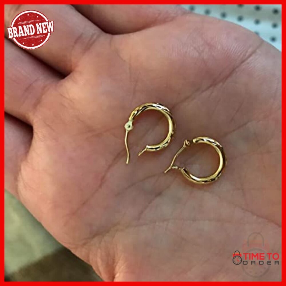 14K Gold Diamond-Cut Hoop Earrings 12mm Petite Real Gold - Picture 5 of 6